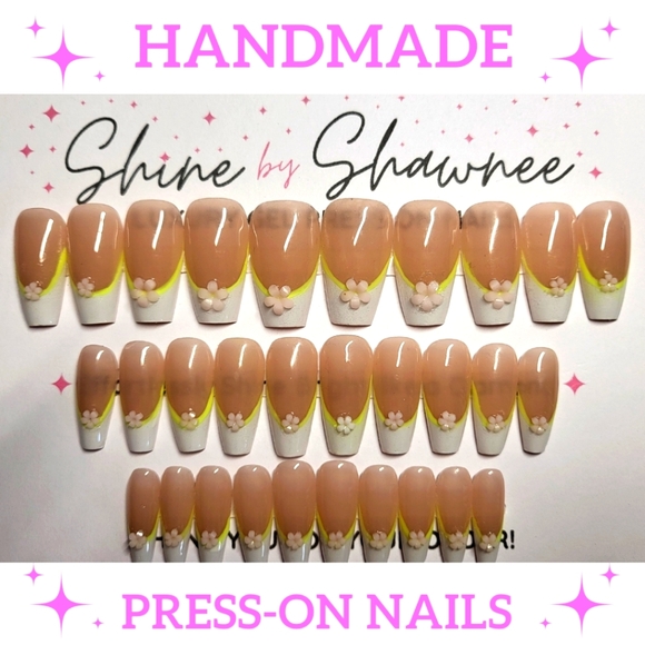 Handmade Luxury Press-On Nails | Sturdy & Reusable | Flowers & Lime - Picture 1 of 8